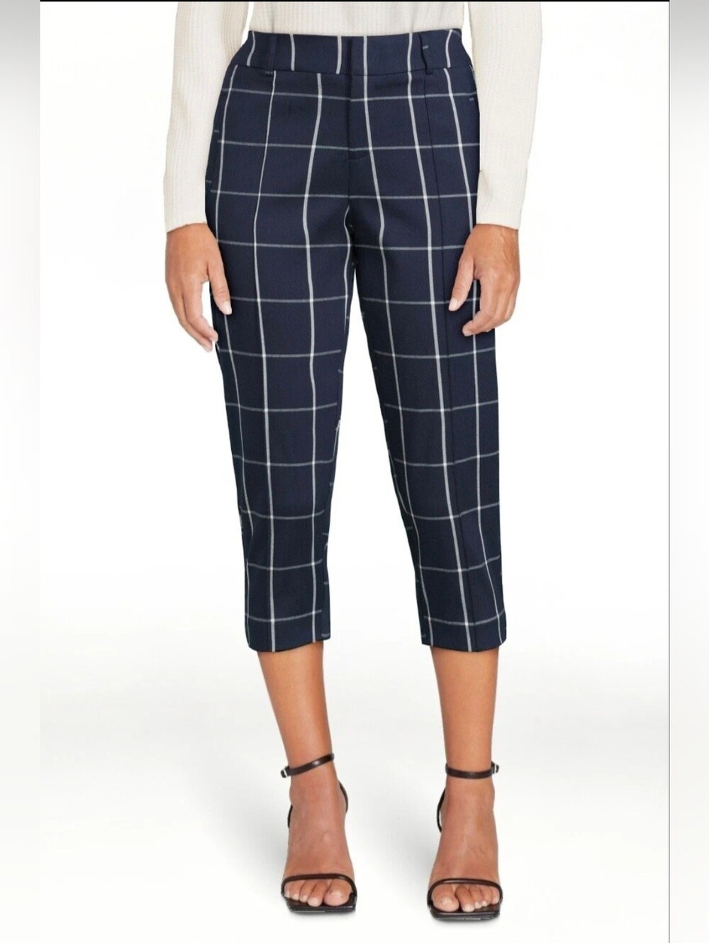 Time And TRU Woman's Geometric Navy & White  Windowpane Cropped Trousers Large